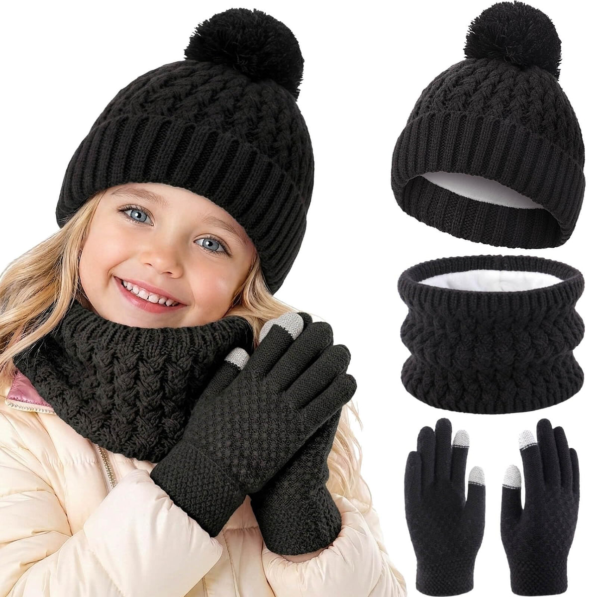 BQUBO Kids Winter Hat Gloves Scarf Set, Unisex Children Beanie Hat with Pom
