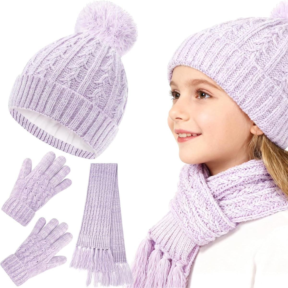 Girls Winter Hat Scarf Gloves Set, Toddler Fleece Lined Beanie Hat with Pom Rainbow Hat Scarf Mittens for Girl 4-15 Year