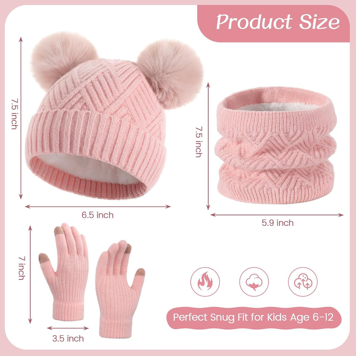 3 Pcs Kids Winter Hat Gloves Scarf Set, Toddler Thermal Fleece Lined Set