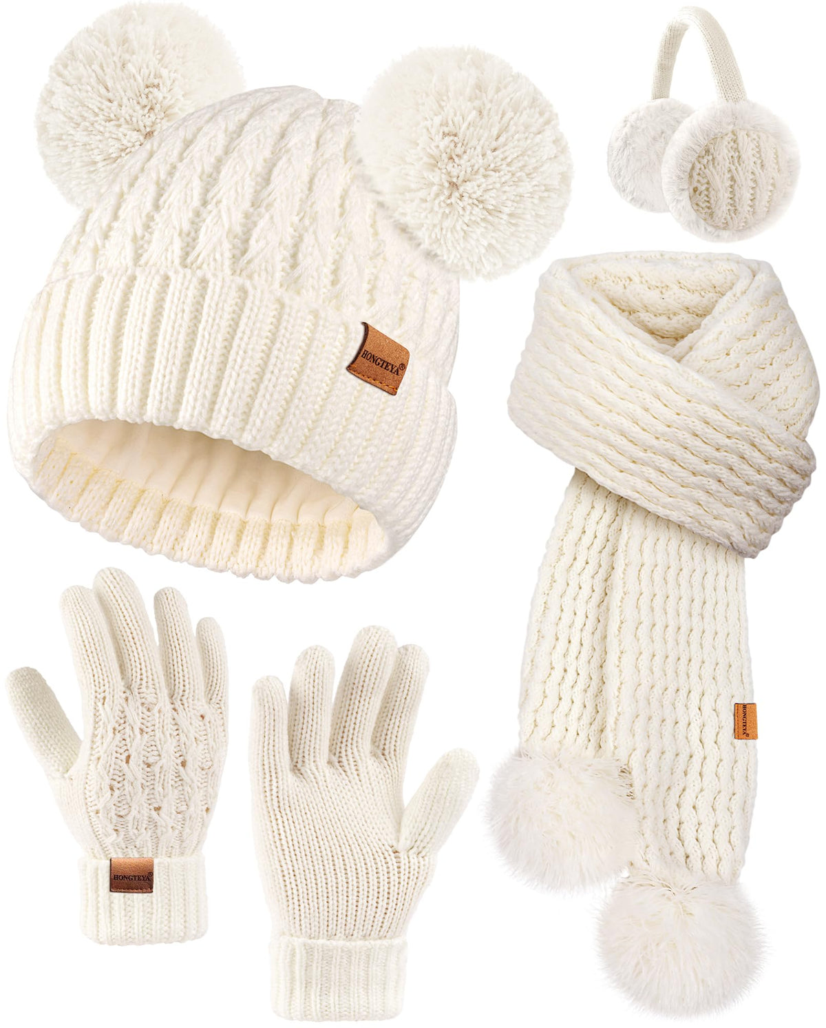 HONGTEYA 4PCS Kids Girls Winter Hat Gloves Scarf Earmuffs Set Aged 3-15Y