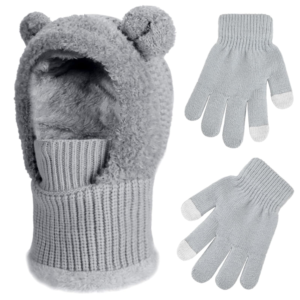 Kids Winter Balaclava Windproof Hats Gloves Set 3-in-1 Fleece Lined Hooded Scarf & Face Mask for Ages 2-8