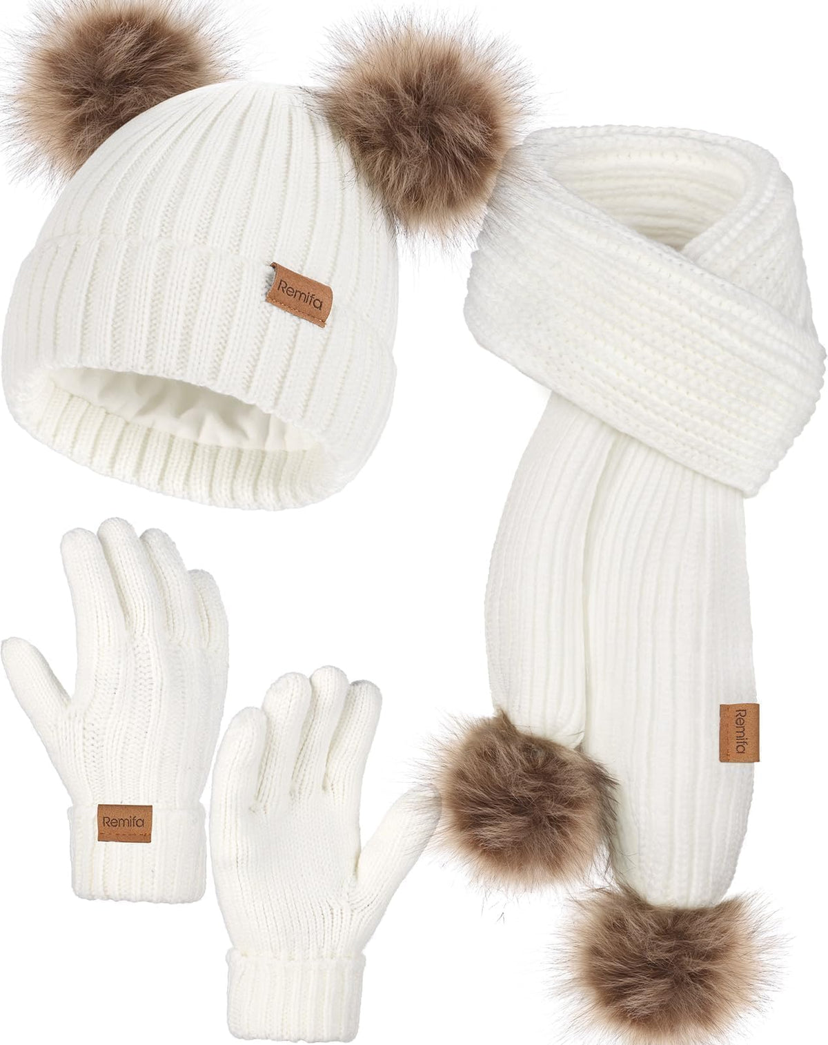 Remifa Kids Winter Hat Gloves Scarf Set, Toddler Girls Boy Fleece Lined PomPom Beanie Hat Kint Neck Long Scarf Warm Mittens