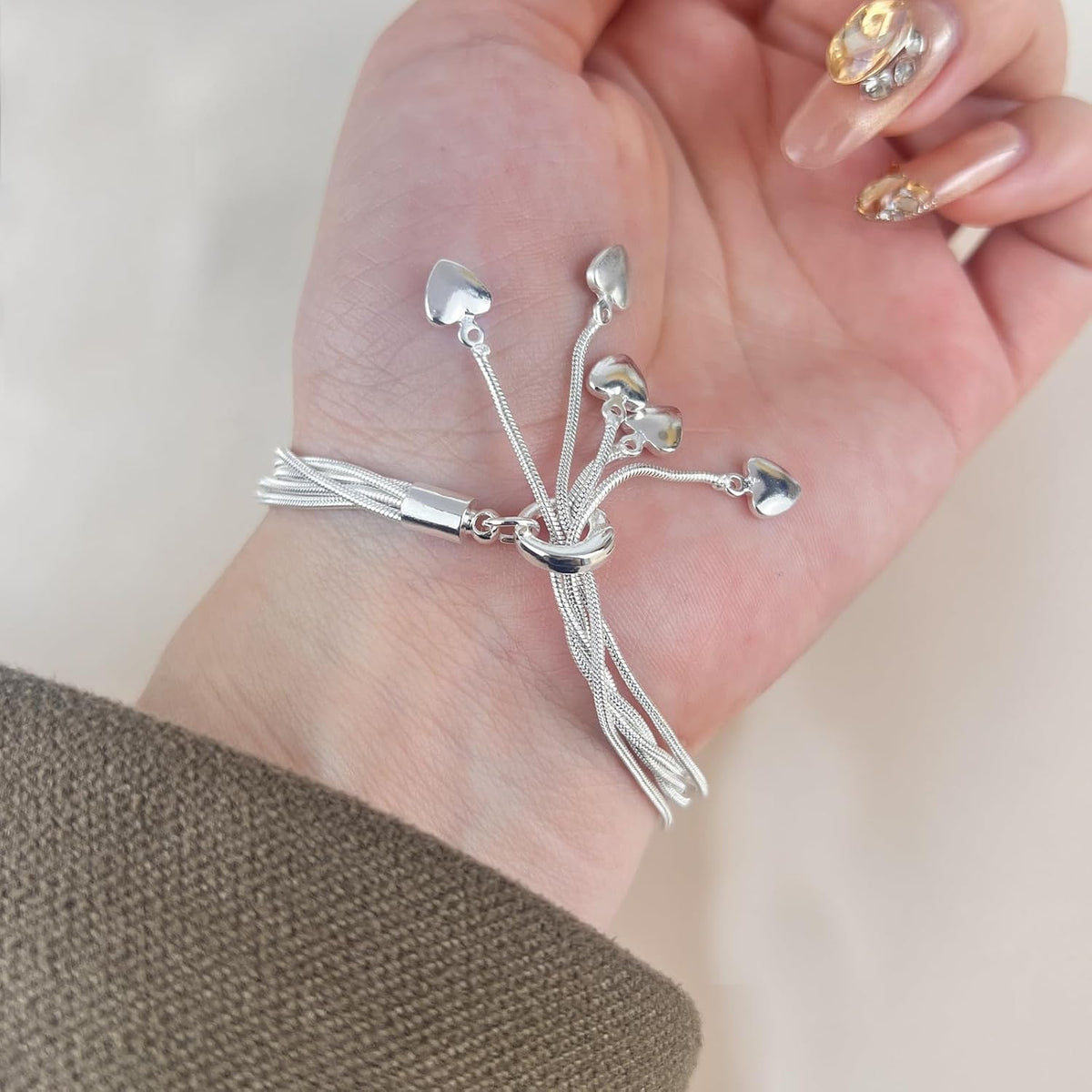 Delicate 5-Line 925 Sterling Silver Bracelet & Heart Charm Stacking Set