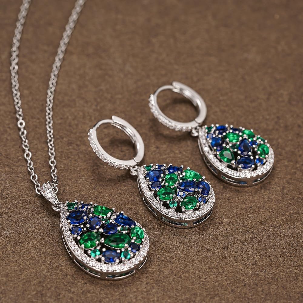 Delicate Color CZ Pendant Necklace Earrings Female Sparkling Jewelry Set
