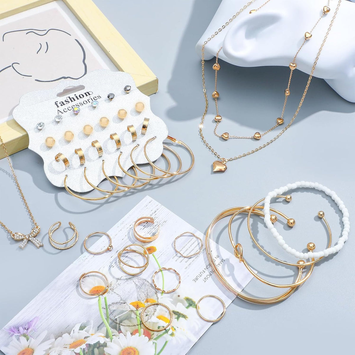 NEWITIN 49 Pcs Gold Jewelry Set for Women Hypoallergenic Bohemian Jewelry