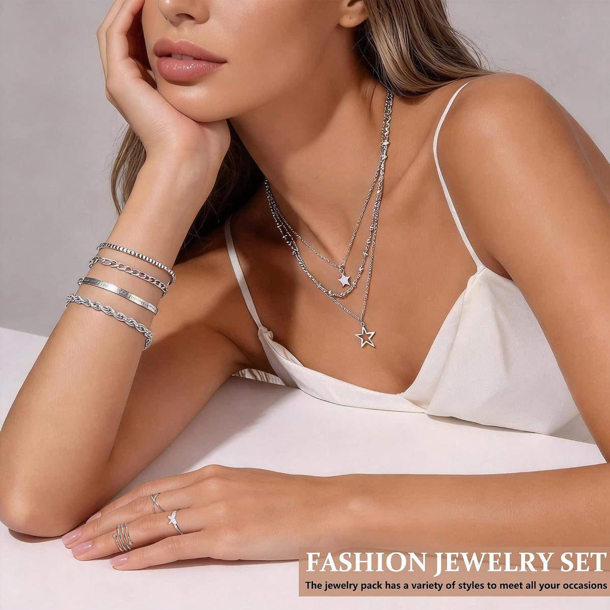 MEDOJO 84 Pcs Silver Jewelry Set for Women Pearl Necklace Silver Plated Necklace Bracelet Stackable Ring Earrings Set for Women