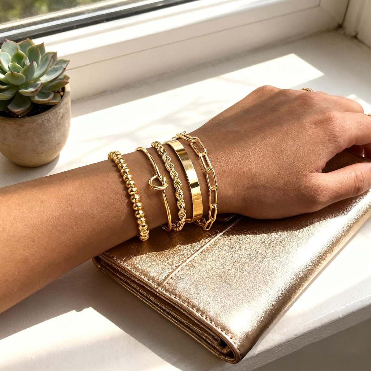 Gold Bracelets for Women, 5 Pcs Non-Tarnish Gold Plated Stackable Bangles with Beaded, Knot, Twisted, Cuff & Chain Designs, Everyday Jewelry Gifts