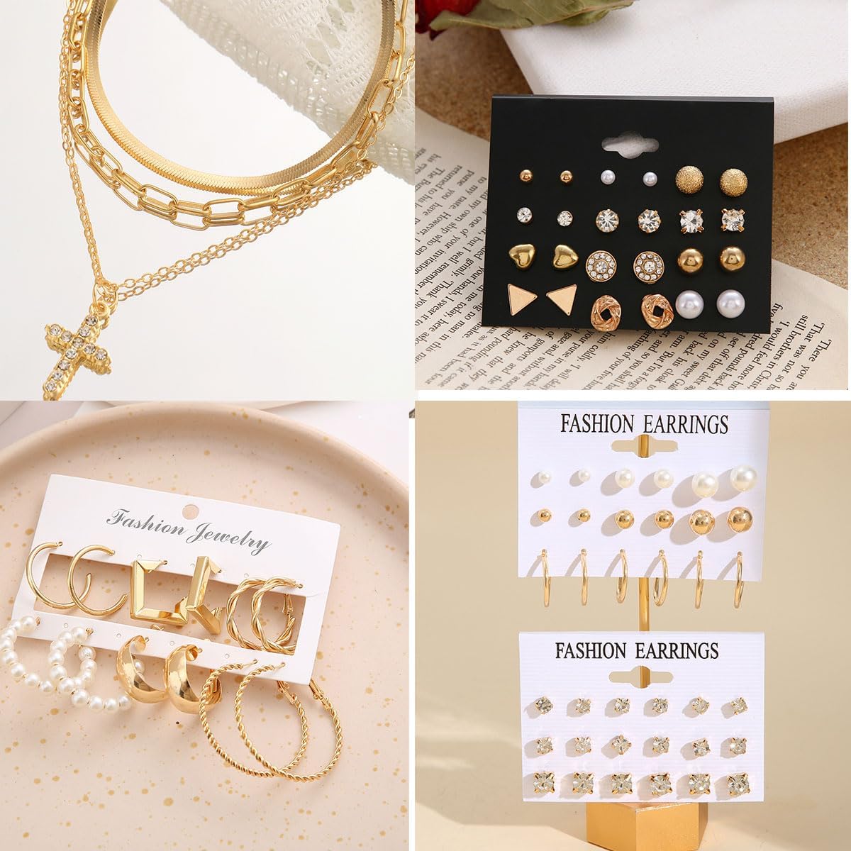 120PCS Gold Jewelry Sets For Women, With 7 Necklace,12 Bracelet,30pcs Hoop Earring,59pcs stud earrings and 12pcs cuff Ear Earrings Friendship for Happy Gifts