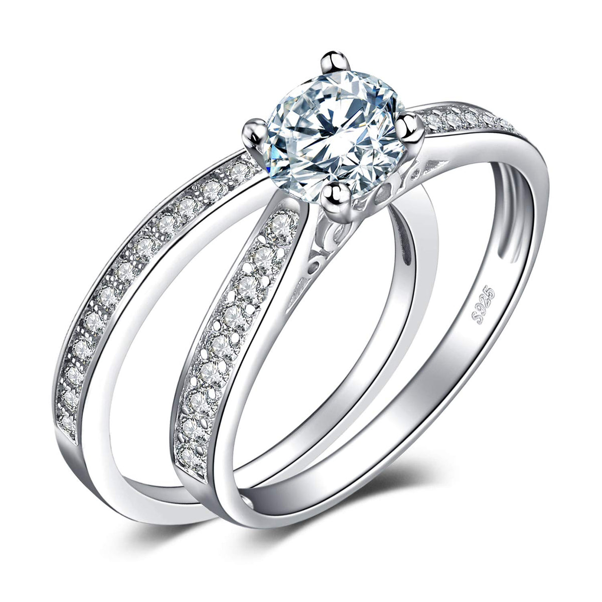 JewelryPalace 1ct Simulated Diamond Engagement Rings for Women, 14k White Yellow Rose Gold Plated 925 Sterling Silver Promise Rings for her, Cubic Zirconia Anniversary Wedding Eternity Band Ring Set