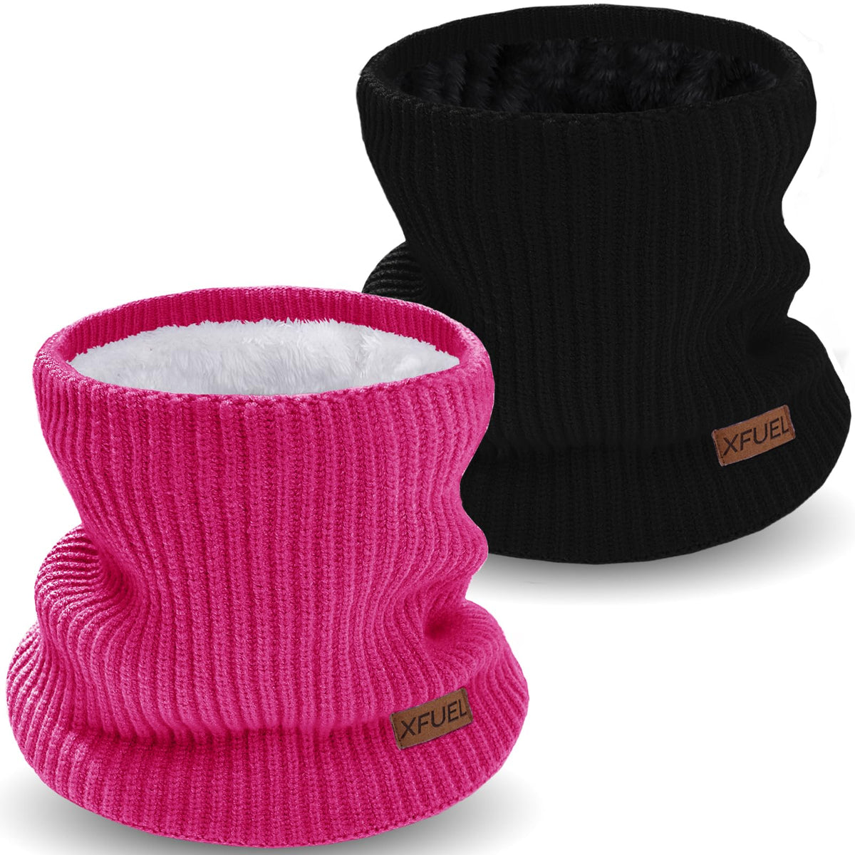 Kids Neck Warmer, 2 Pack, Knitted Winter Neck Gaiter, Fleece Lined Infinity Scarf for Boys Girls