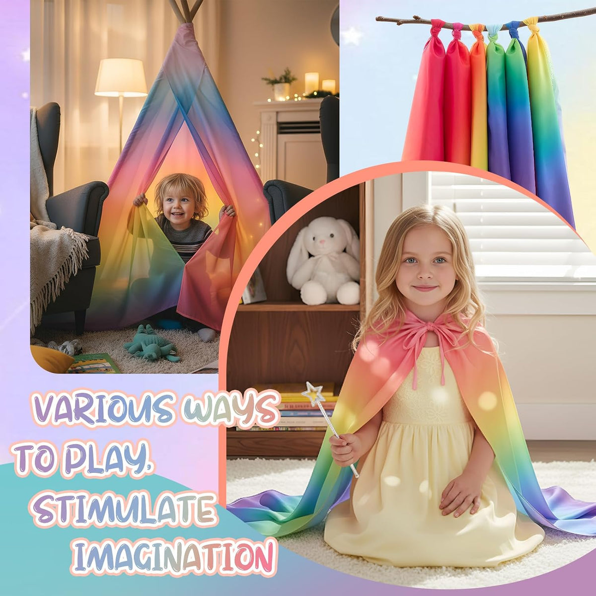 Cutecrop 6 Pcs 35 Inch Play Scarves Set for Kids Gay Pride Rainbow Flag Polyester Silks Dance Children Pretend Giant Toy Toddlers