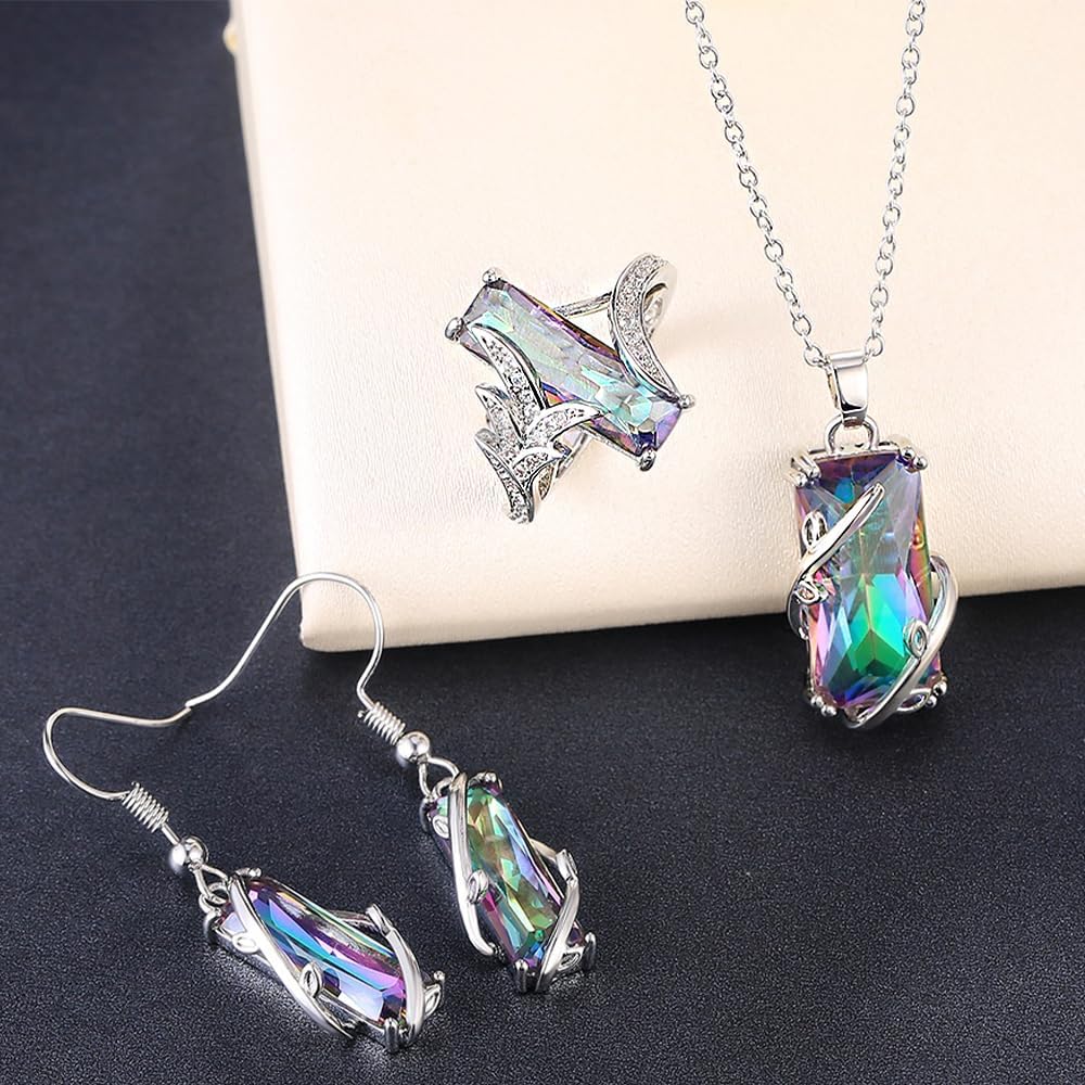 Fancy Multicolored Rectangular CZ Necklace Earrings Ring Chic Jewelry Set