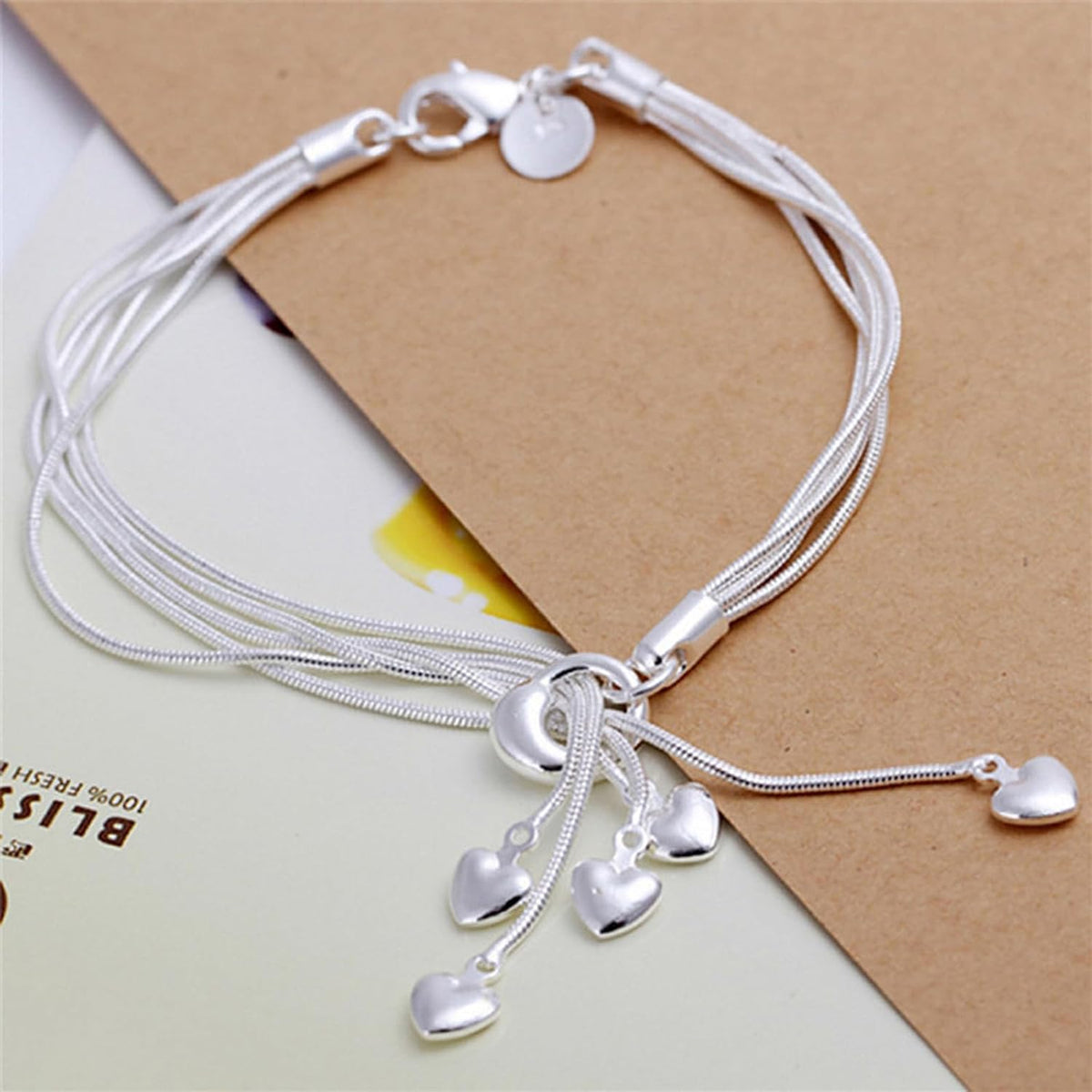 925 Sterling Silver Five-Line Chain & Heart Charm Bracelet Set – Elegant Stackable Bangle