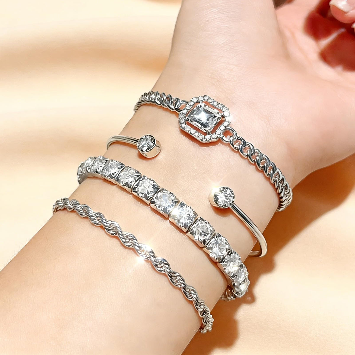 4 Pcs Silver Plated Stackable Bracelets Set for Women Cubic Zirconia Tennis Rope Chain Layering Bangle Adjustable Jewelry