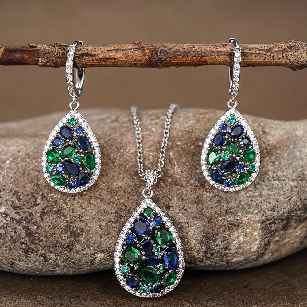 Delicate Color CZ Pendant Necklace Earrings Female Sparkling Jewelry Set