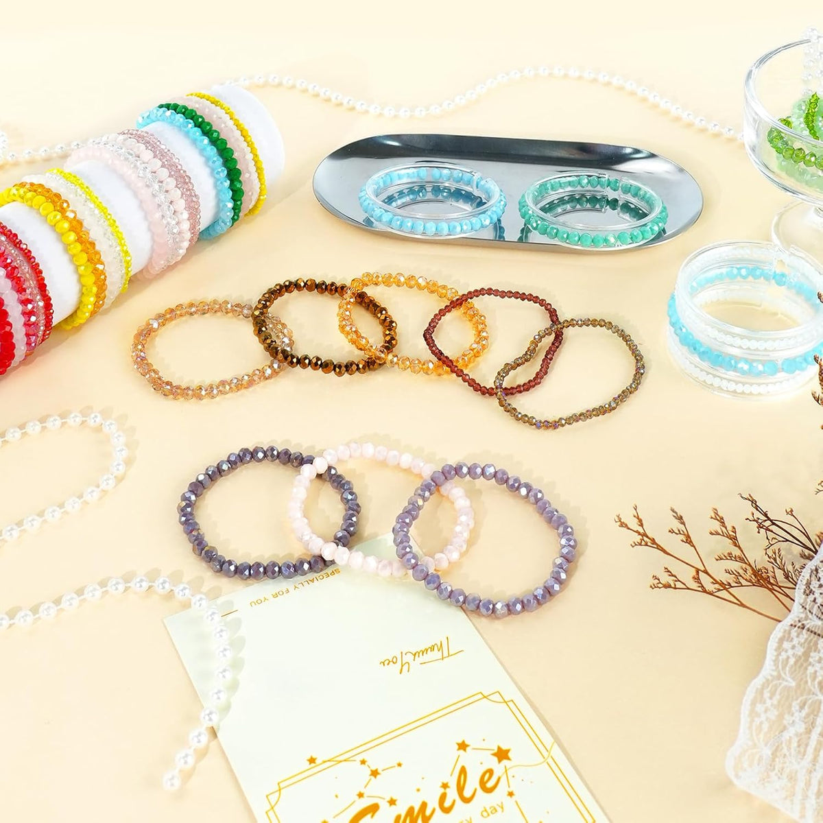 60 Pcs Crystal Beaded Bracelets Bulk, Colorful Stretch Bracelets for Women