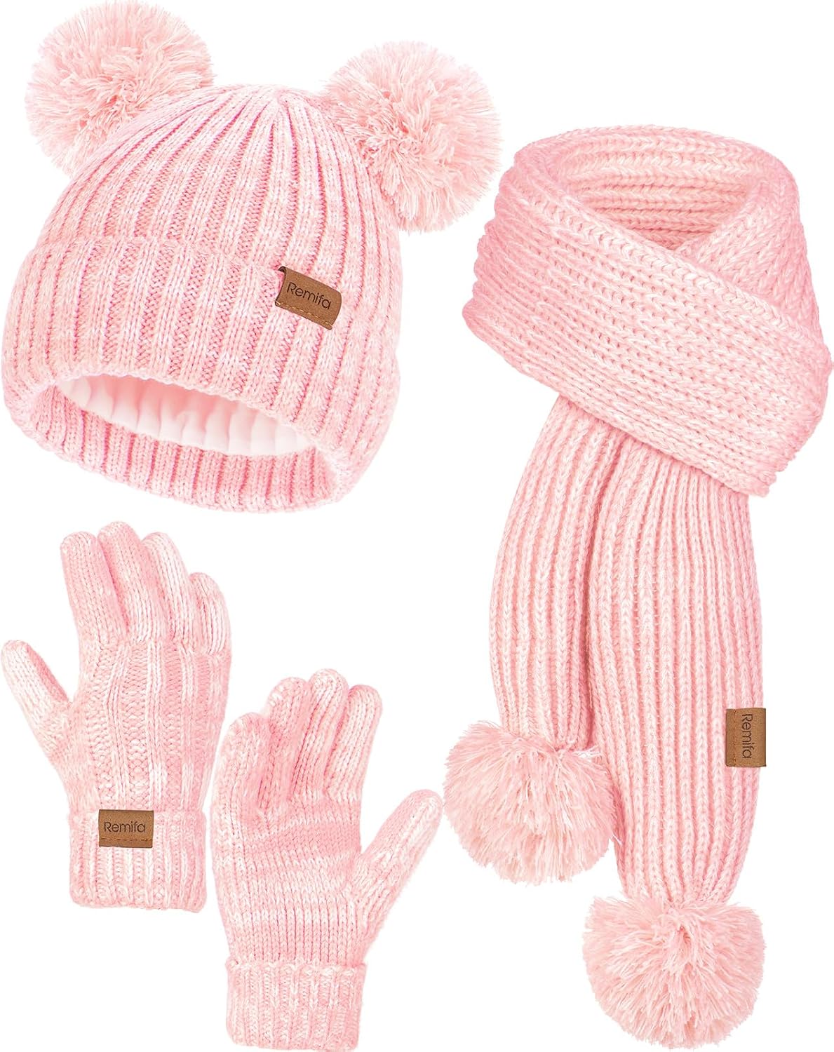 Remifa Kids Winter Hat Gloves Scarf Set, Toddler Girls Boy Fleece Lined PomPom Beanie Hat Kint Neck Long Scarf Warm Mittens
