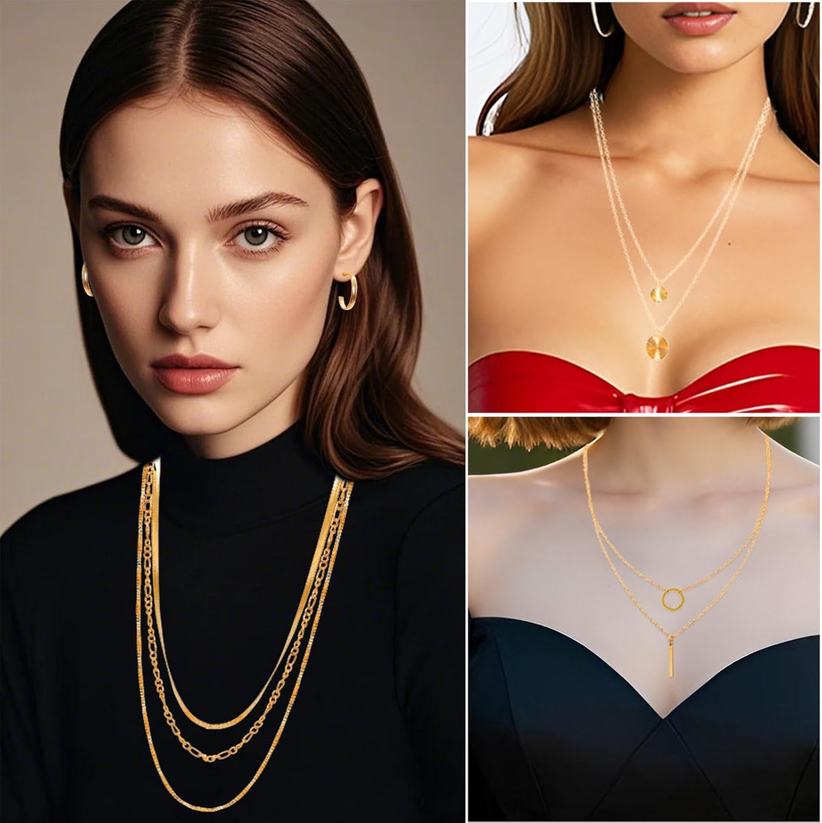 34pcs Gold Jewelry Set for Women Multi Layered Necklace Knuckle Rings Stackable Bracelets Dainty Earrings Fashion Jewelry set Anniversary Birthday Valentine Gift Pack for Women Girls