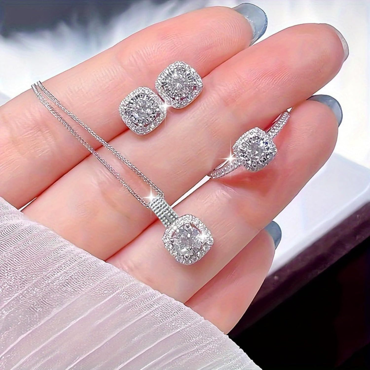 4-Piece Cushion Cut Zirconia Jewelry Set: Necklace, Stud Earrings & Ring for Women, Hypoallergenic Bridal to Valentine Gift Set, Cubic Zirconia Engagement Accessories for Her
