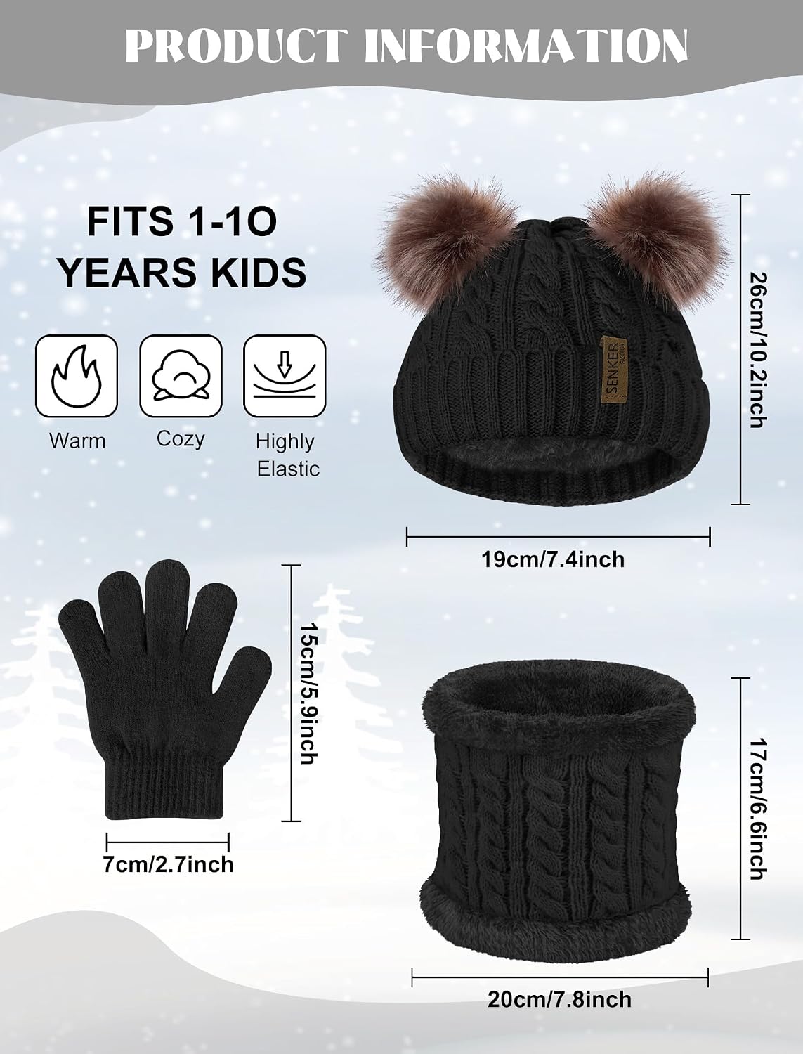 Kids Winter Hat Gloves Scarf Set, Beanie for Girls Boys
