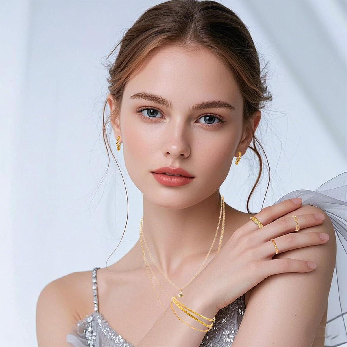34pcs Gold Jewelry Set for Women Multi Layered Necklace Knuckle Rings Stackable Bracelets Dainty Earrings Fashion Jewelry set Anniversary Birthday Valentine Gift Pack for Women Girls