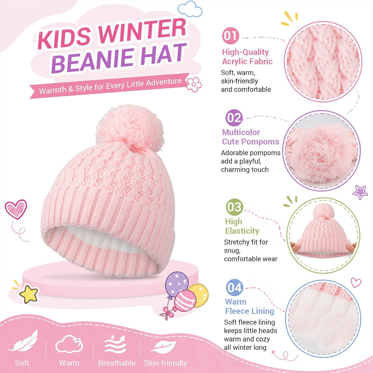 BQUBO Kids Winter Hat Gloves Scarf Set, Unisex Children Beanie Hat with Pom