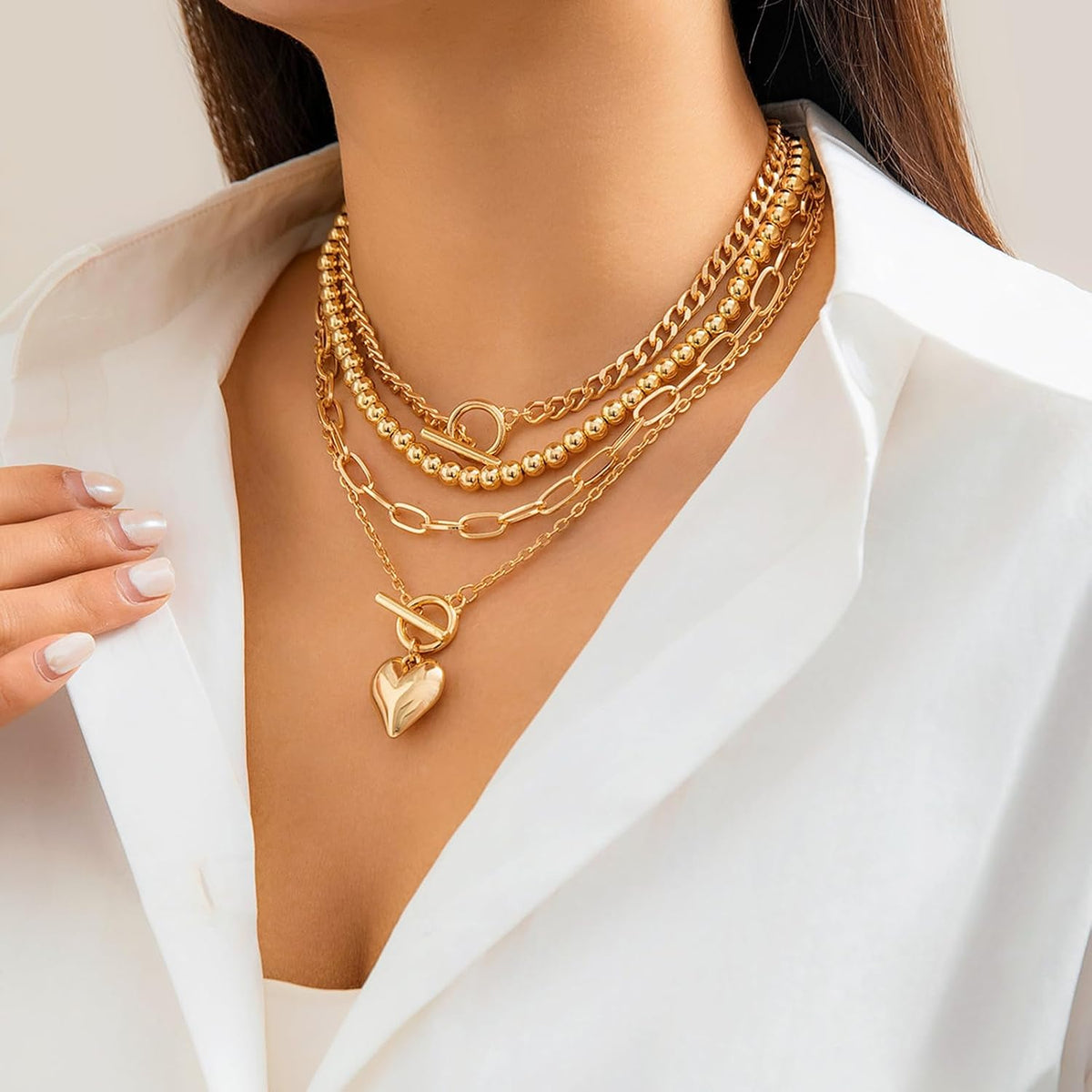 Women's Hip Hop Necklace Set - 4-Piece Chunky Chain Jewelry with Beaded Choker, T-Bar Toggle Clasp, Paperclip, Herringbone & Cuban Link Ropes for Edgy Style