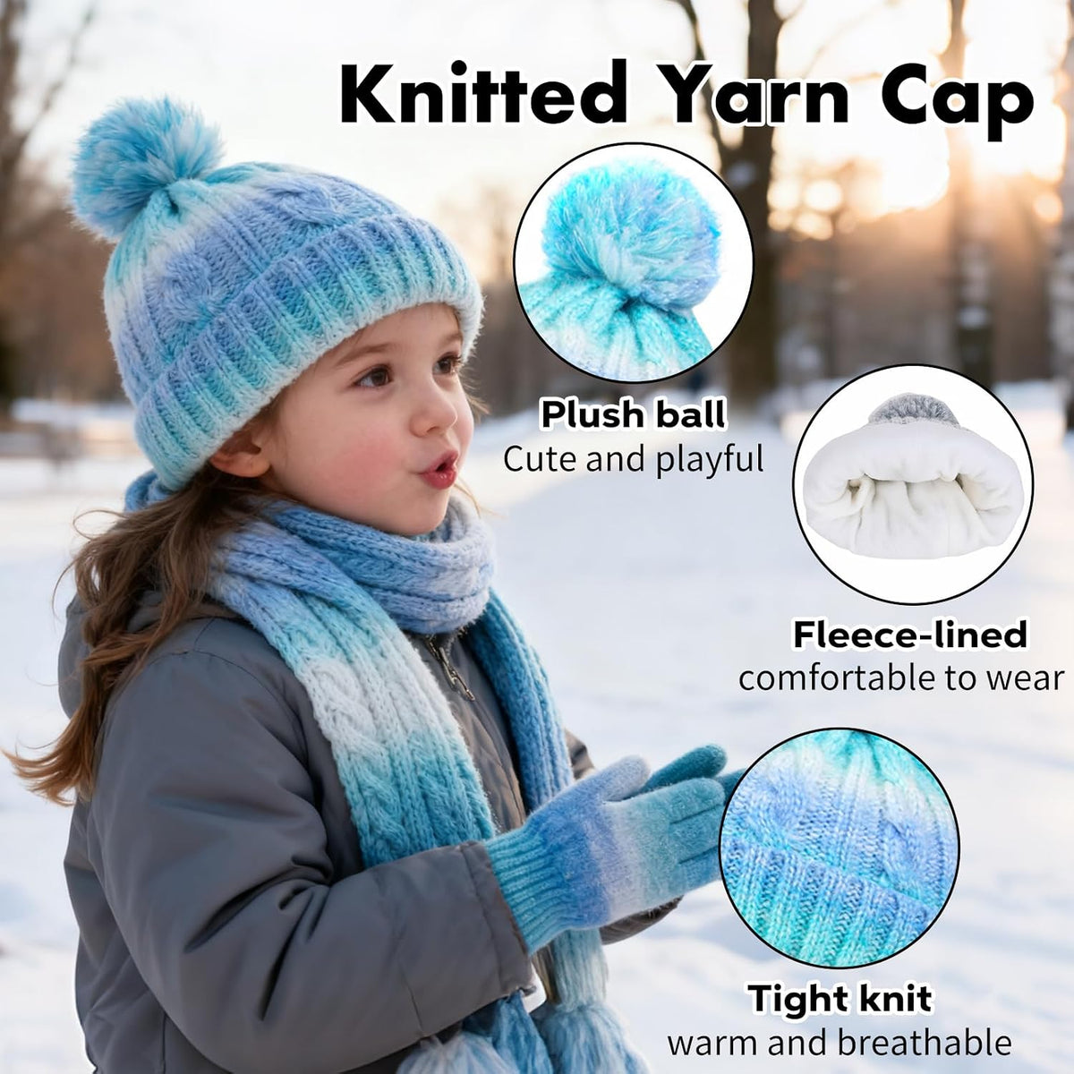 Kids Winter Beanie Hat Gloves Scarf Set, Girls Toddler Children Beanie Hats Gloves Knit Set Neck Warmer for Girls 2-8 year