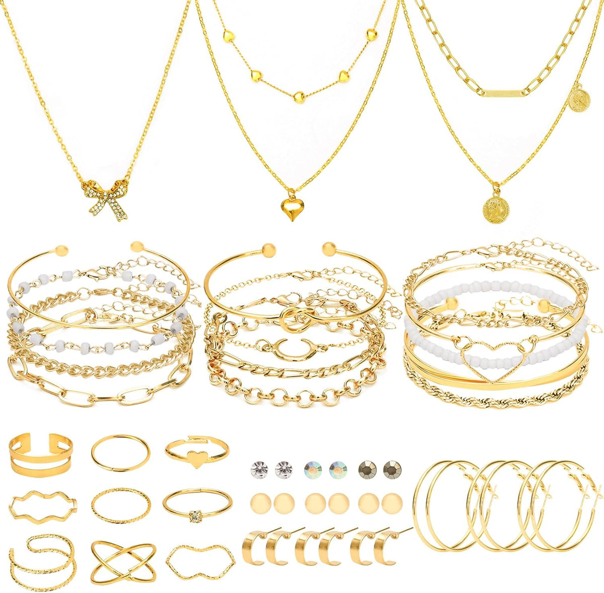 NEWITIN 49 Pcs Gold Jewelry Set for Women Hypoallergenic Bohemian Jewelry