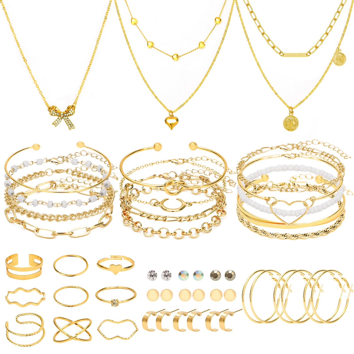 NEWITIN 49 Pcs Gold Jewelry Set for Women Hypoallergenic Bohemian Jewelry
