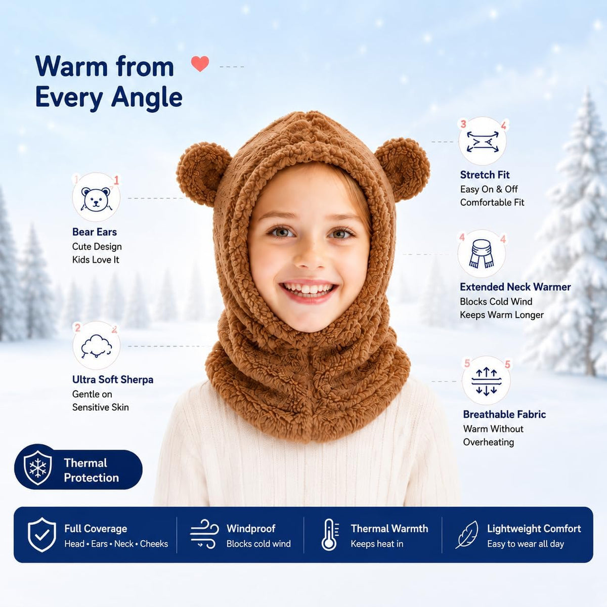 2 in 1 Kids Bear Hat Scarf Toddler Balaclava Winter Warm Beanies Cap Thick Fleece Skull Caps for Boys Girls