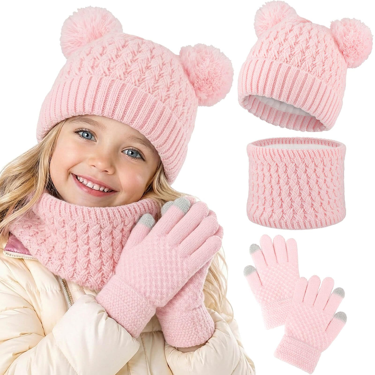 BQUBO Kids Winter Hat Gloves Scarf Set, Unisex Children Beanie Hat with Pom