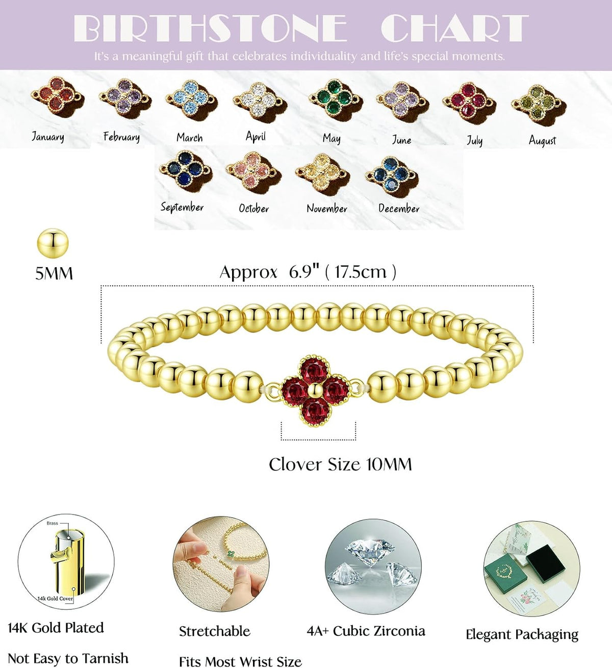 Birthstone Gold Bracelets for Women Non Tarnish Elastic 14K Gold Plated Bead Bracelets Trendy CZ Clover Bracelet Stackable Friendship Bracelets Dainty Jewelry Gifts for Mom Best Friend