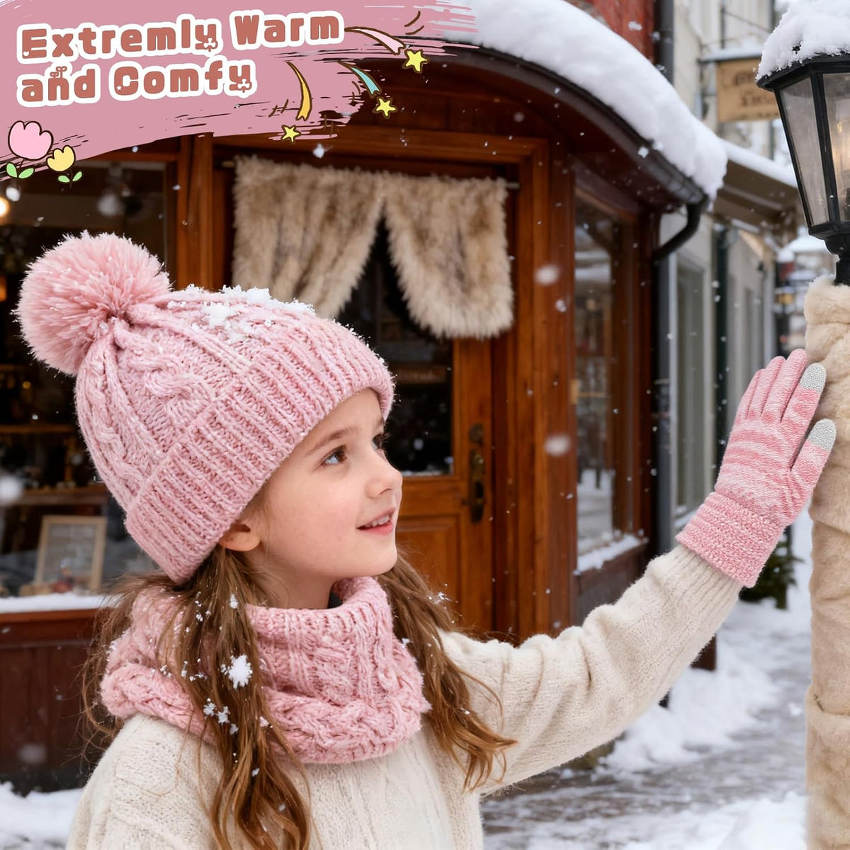 ZOORON Kids Winter Hat Gloves Scarf Set, Girls Boys Hats Beanie with Pom