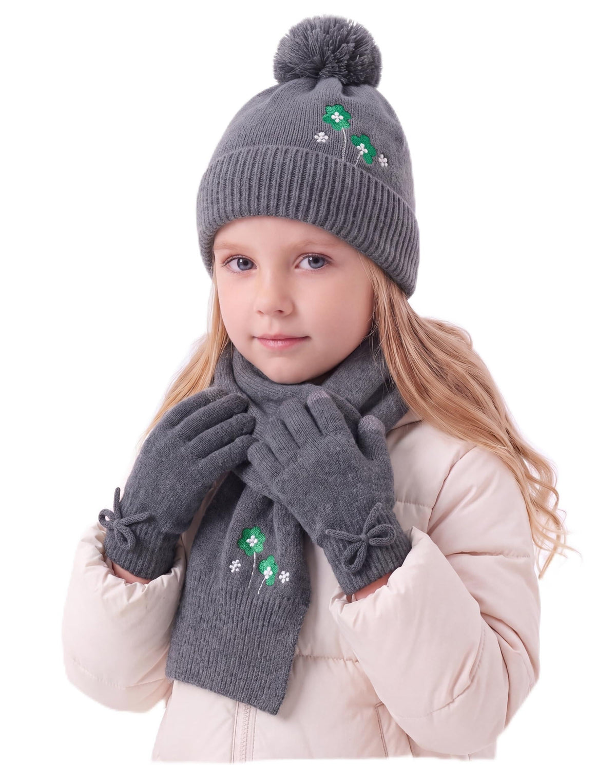 Connectyle Girls Winter Hat Scarf Gloves Set Warm Fleece Lined Pom Beanie