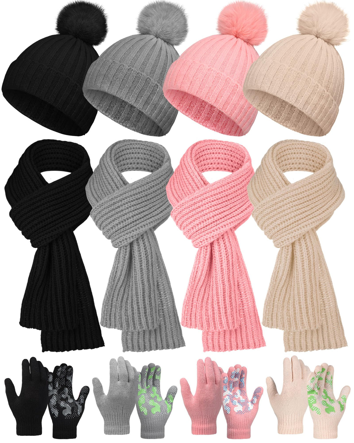 JaGely 12 Pcs Winter Hat Gloves Scarf Set Kids Knit Pompom Beanie Hat Gloves Neck Scarves for Cold Weather Beanies for Gift