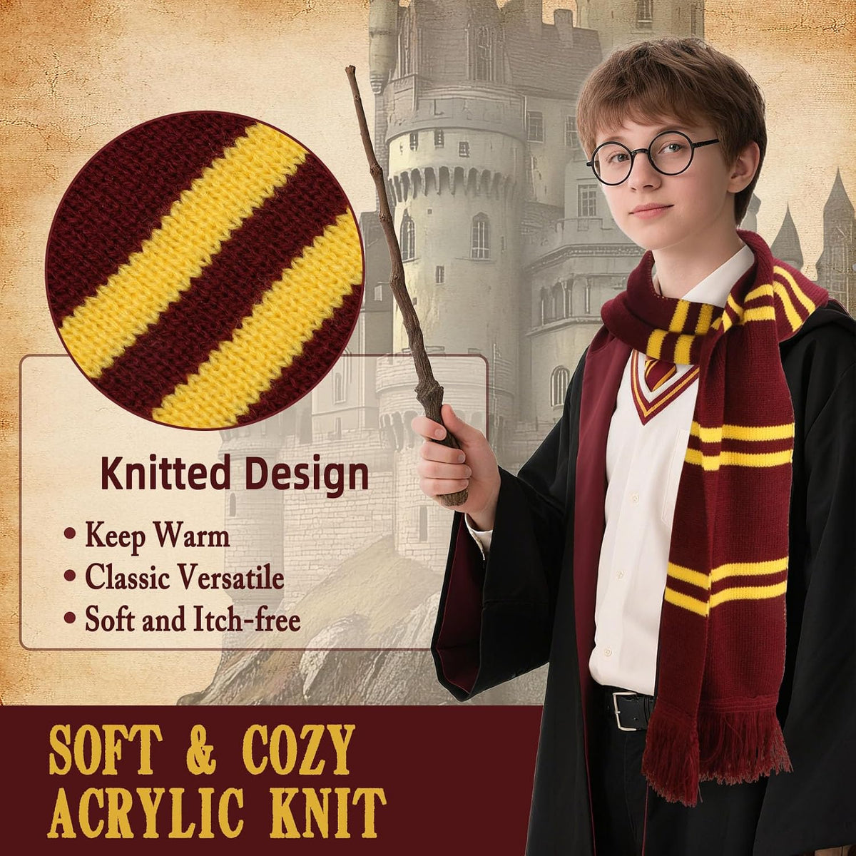Burgundy and Gold Striped Knit Scarf – Soft Acrylic Winter Scarf for Women, Men, Kids – Classic Magic College Style for Halloween Cosplay, Fall Parties, Wizard Costume Accessory