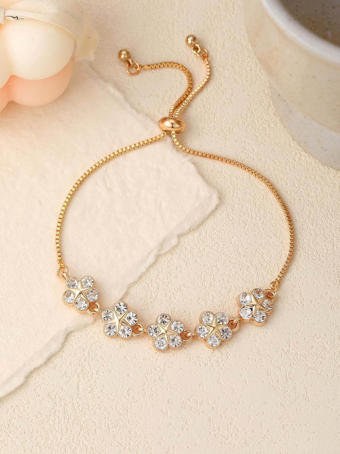 1 PC Gold Adjustable Floral Pearl Chain Bracelet With Sparkling Zirconia Stones