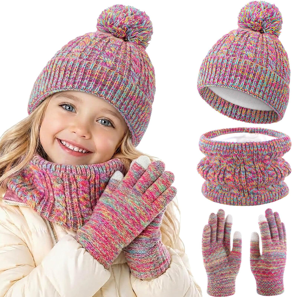 BQUBO Kids Winter Hat Gloves Scarf Set, Unisex Children Beanie Hat with Pom