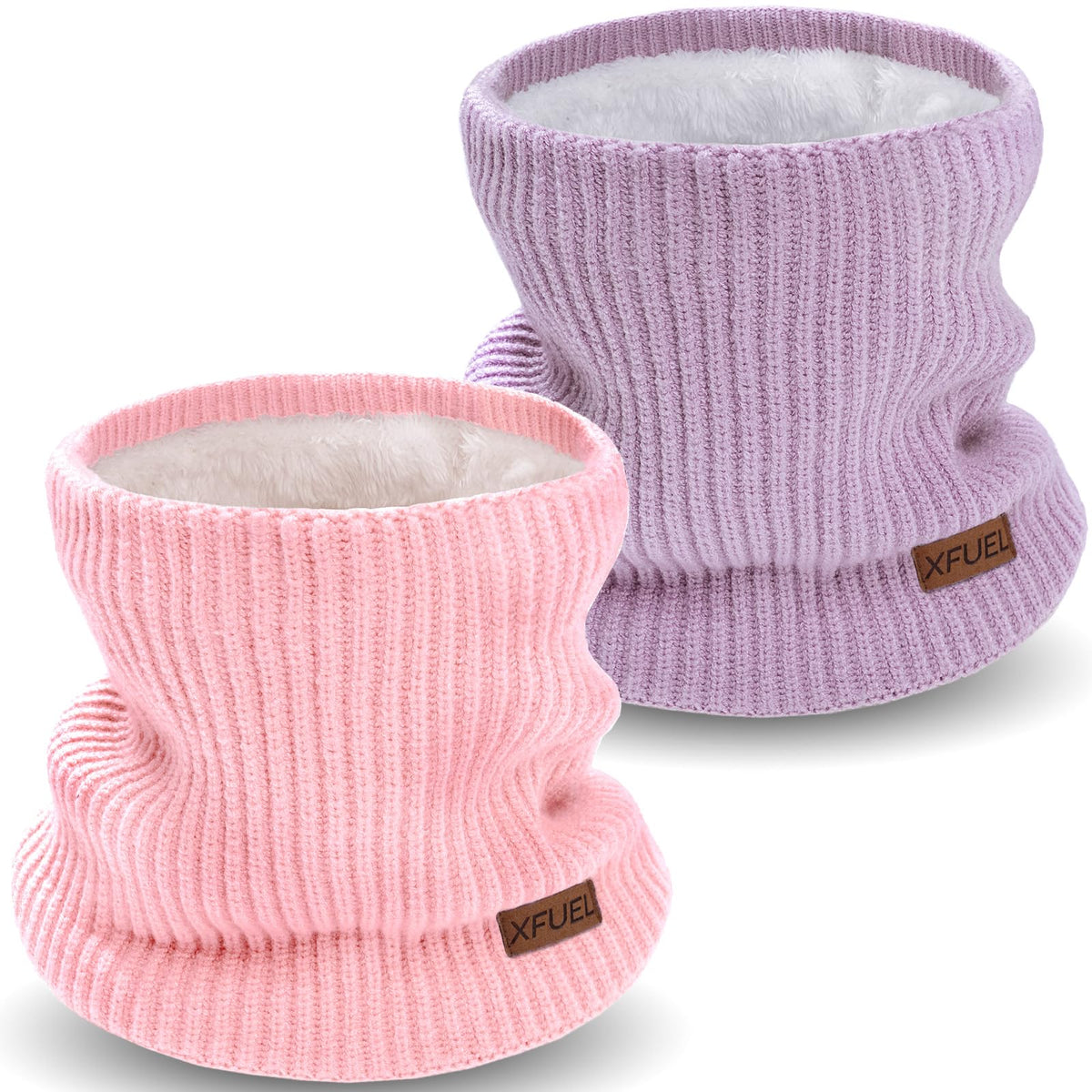 Kids Neck Warmer, 2 Pack, Knitted Winter Neck Gaiter, Fleece Lined Infinity Scarf for Boys Girls