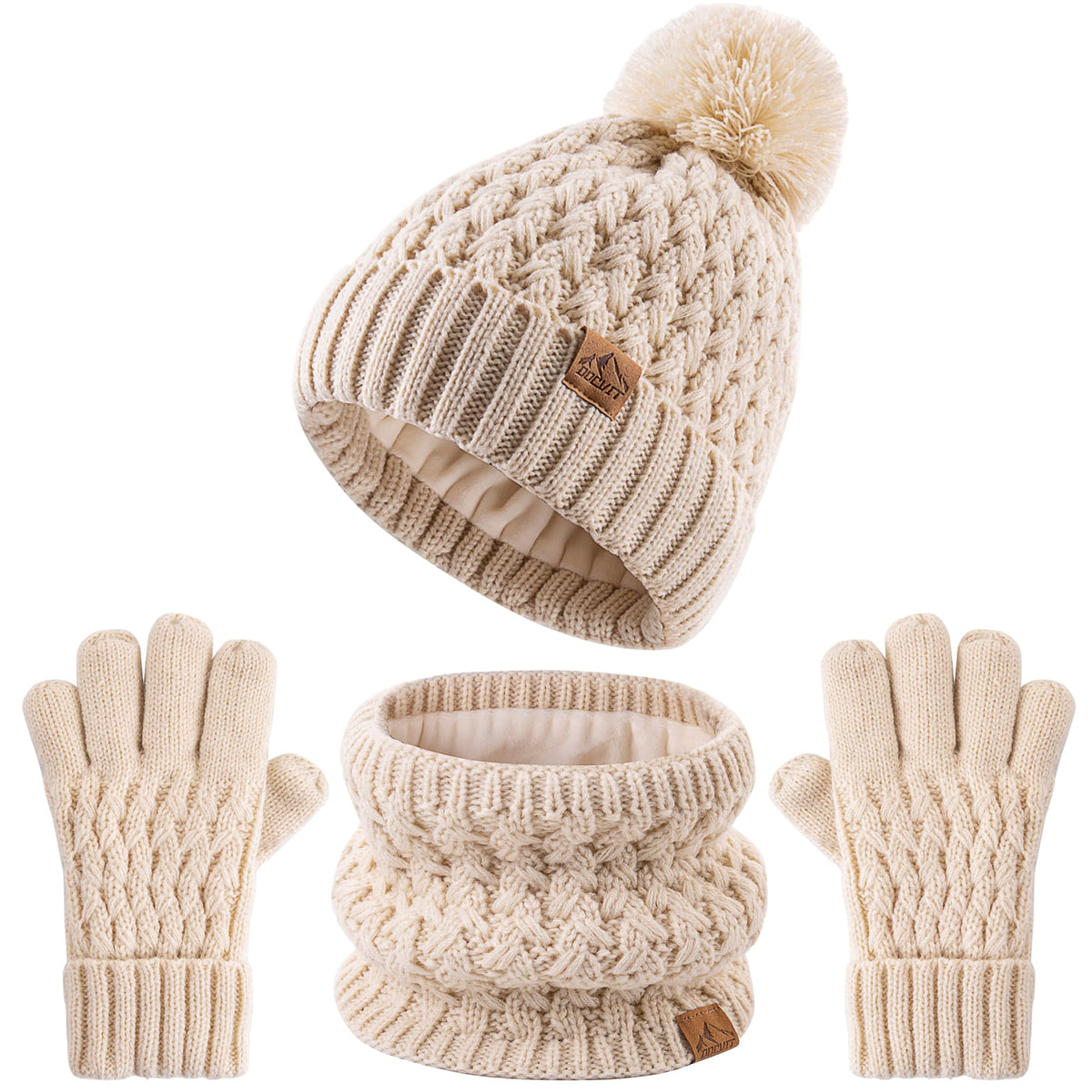Kids Pompom Winter Beanie Hat Scart Gloves Set,Boys Girls Knitted Fleece Lined Woollen Hat for Children's 3-9 Years
