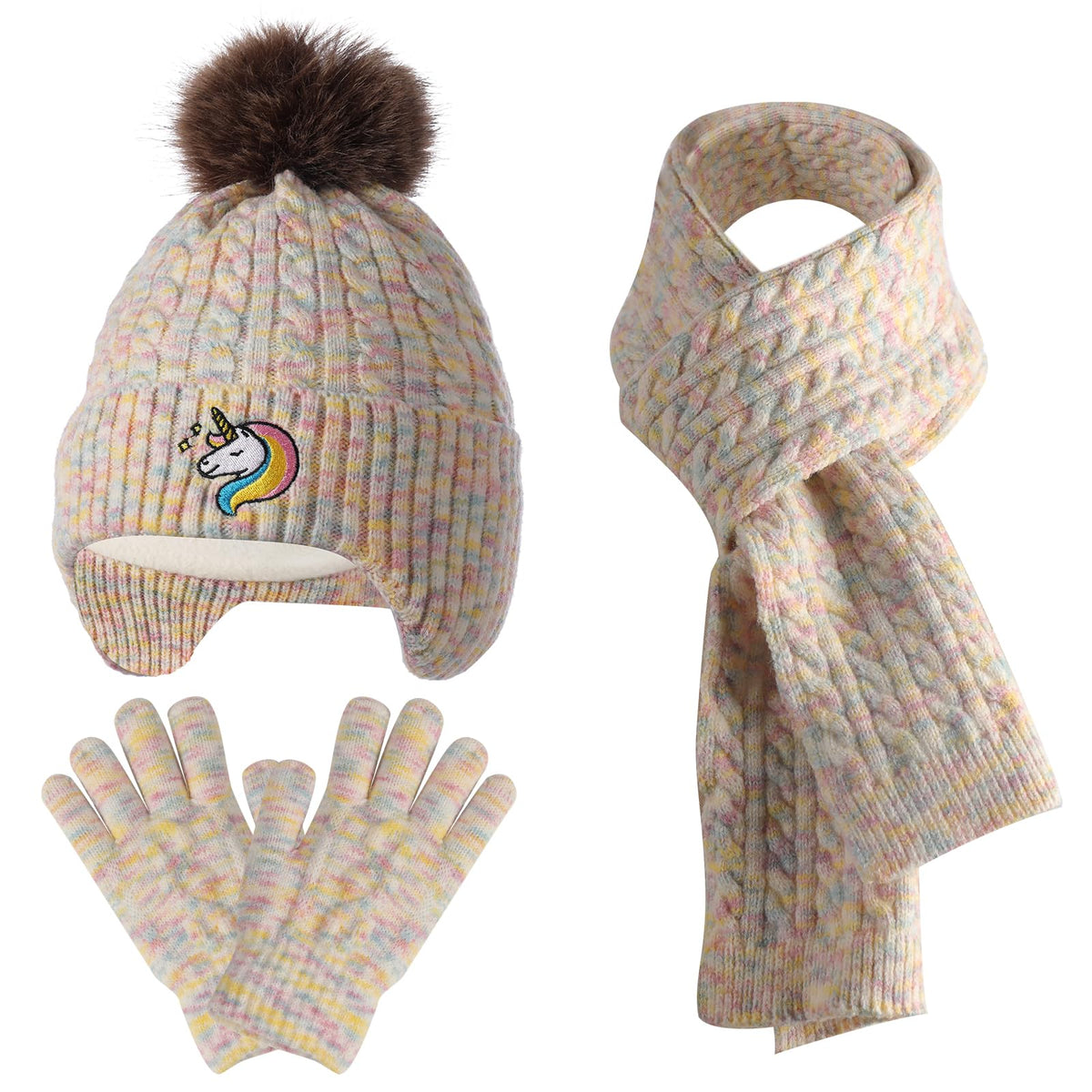 Kids Winter Hat Gloves Scarf Set for 2-14 Years Old Warm Fleece Lining