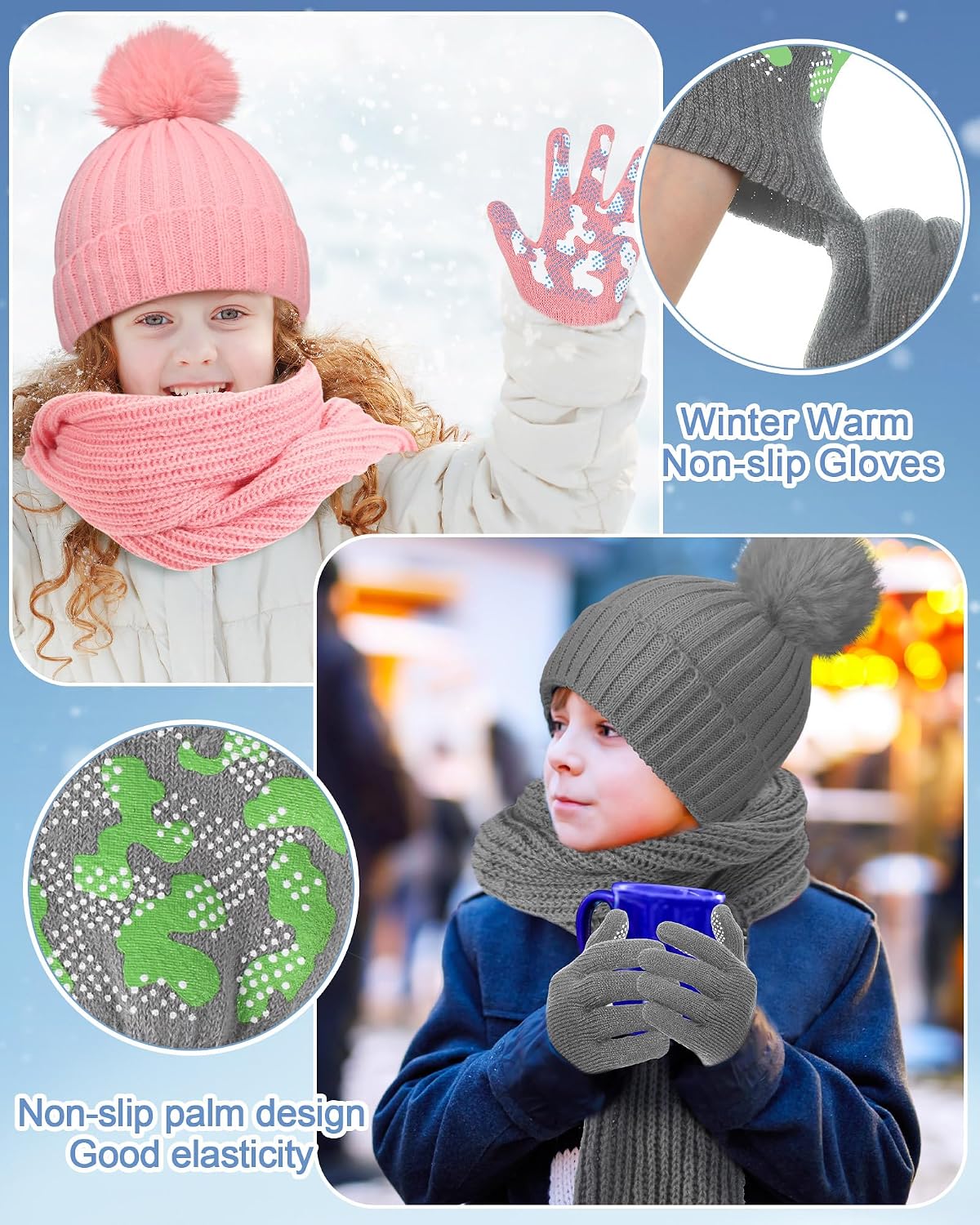 JaGely 12 Pcs Winter Hat Gloves Scarf Set Kids Knit Pompom Beanie Hat Gloves Neck Scarves for Cold Weather Beanies for Gift
