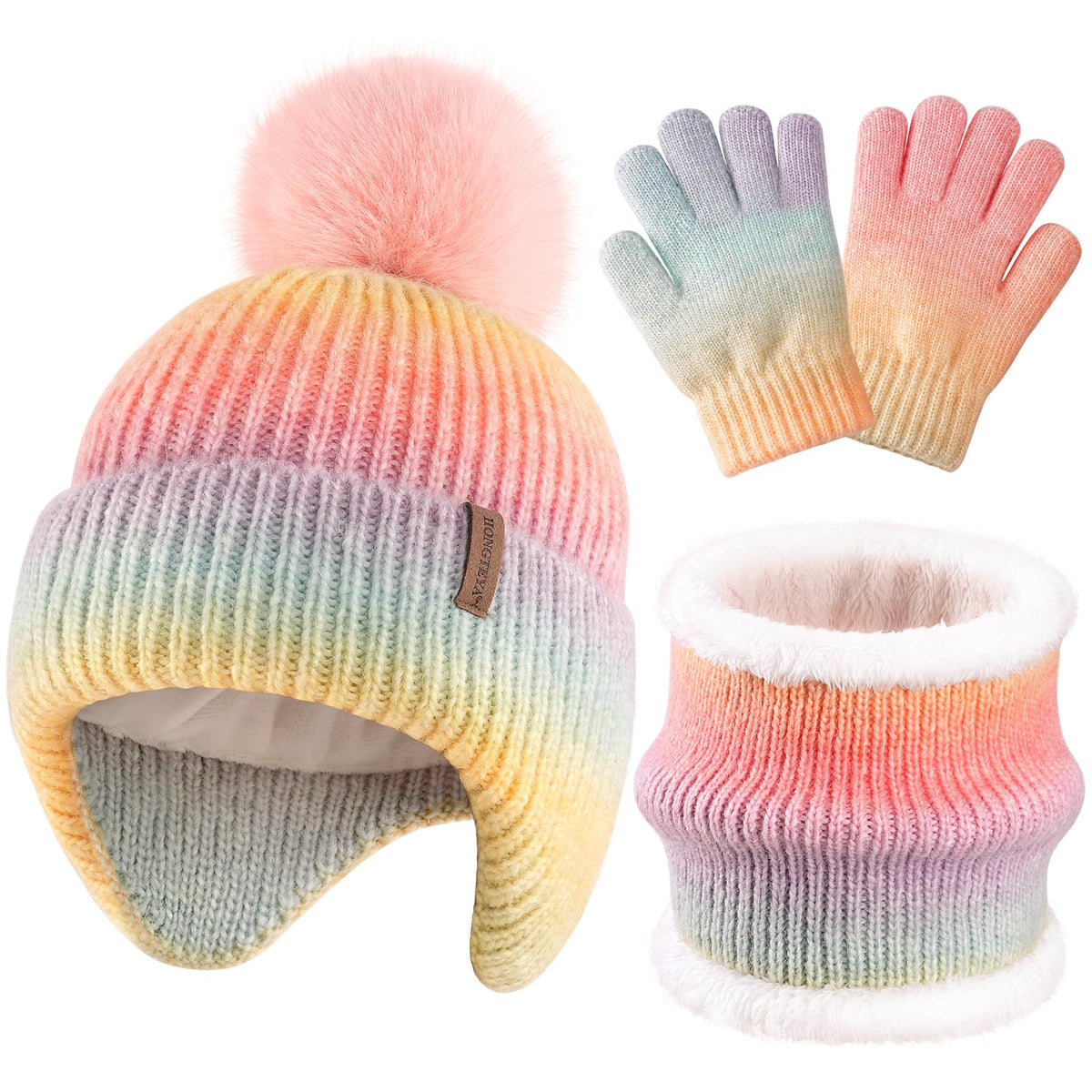 HONGTEYA Toddler Girls Winter Hat Gloves Scarf Set Warm Fleece Lined Knit