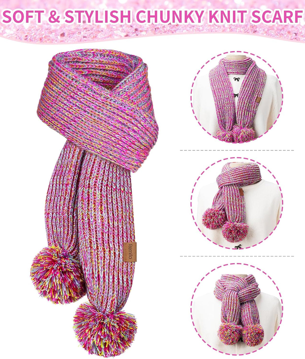 Remifa Kids Winter Hat Gloves Scarf Set, Toddler Girls Boy Fleece Lined PomPom Beanie Hat Kint Neck Long Scarf Warm Mittens