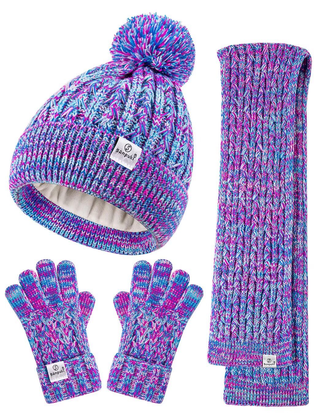 Kids Winter Hat Gloves Scarf Set,Girls Toddler Winter Hat Beanie with Pom Neck Warmer Gaiter Mittens Fleece Lined Set