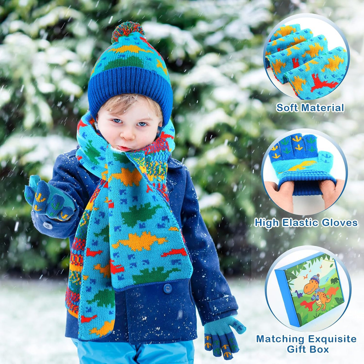 Kids Winter Hat Scarf Gloves Set Dinosaur Knit