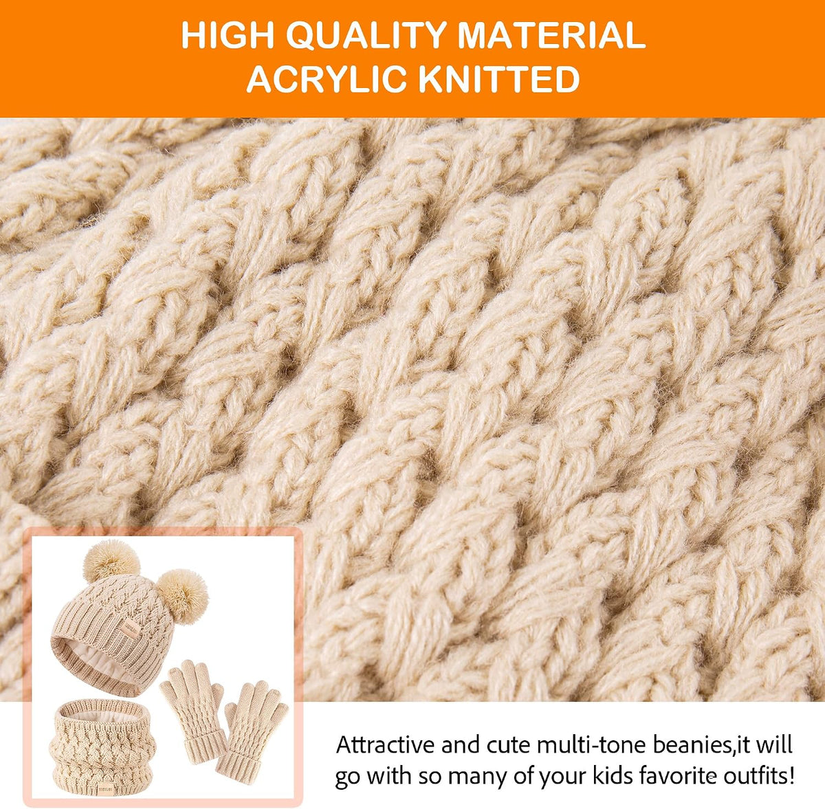 Kids Winter Hat Scarf Gloves Set Children's Warm Knit Fleece Lined Pompom Hat for Boys and Girls Ages 3-9