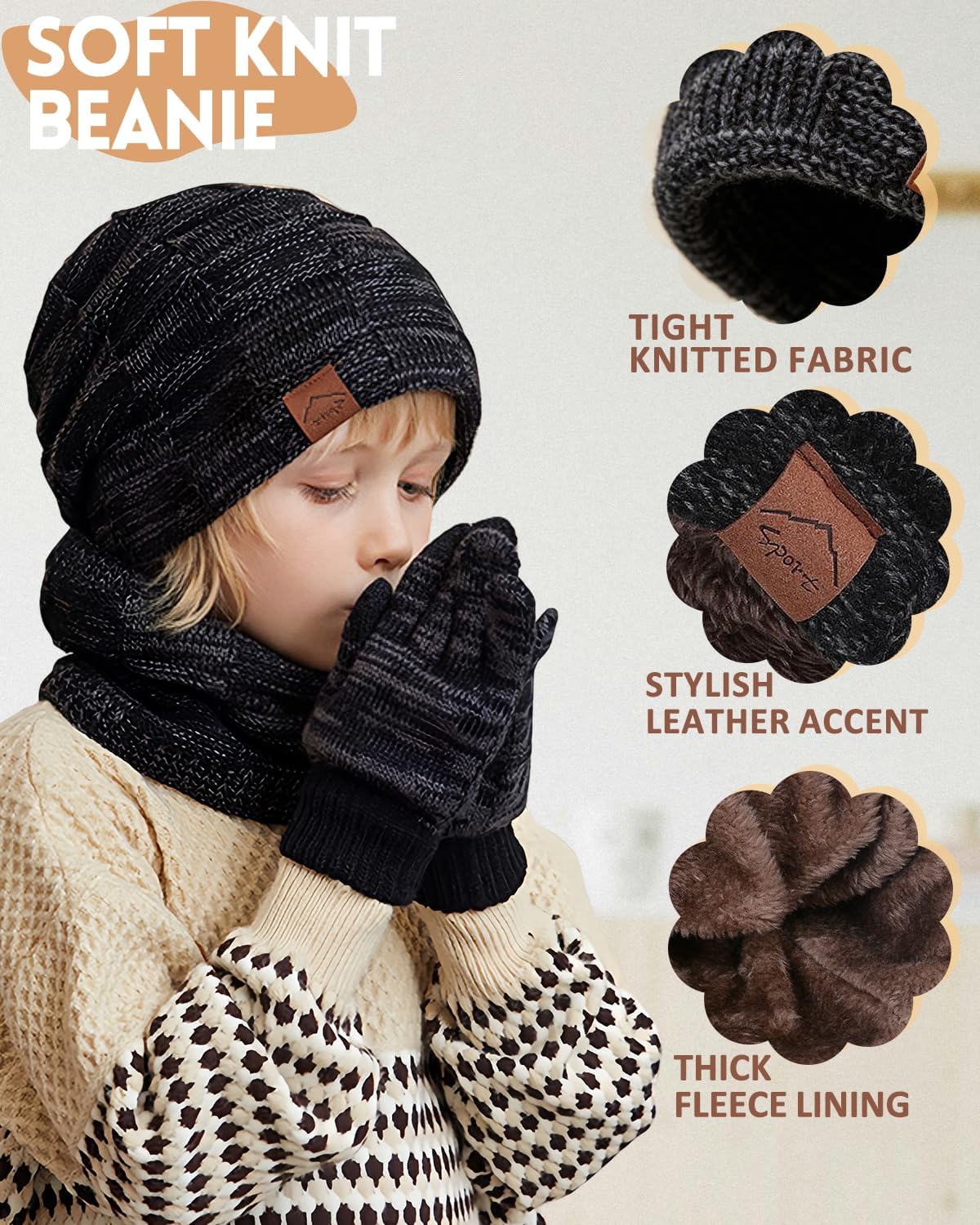 KMOLY Kids Winter Hat TouchScreen Gloves Scarf Set Warm Fleece Lined 4-10Y