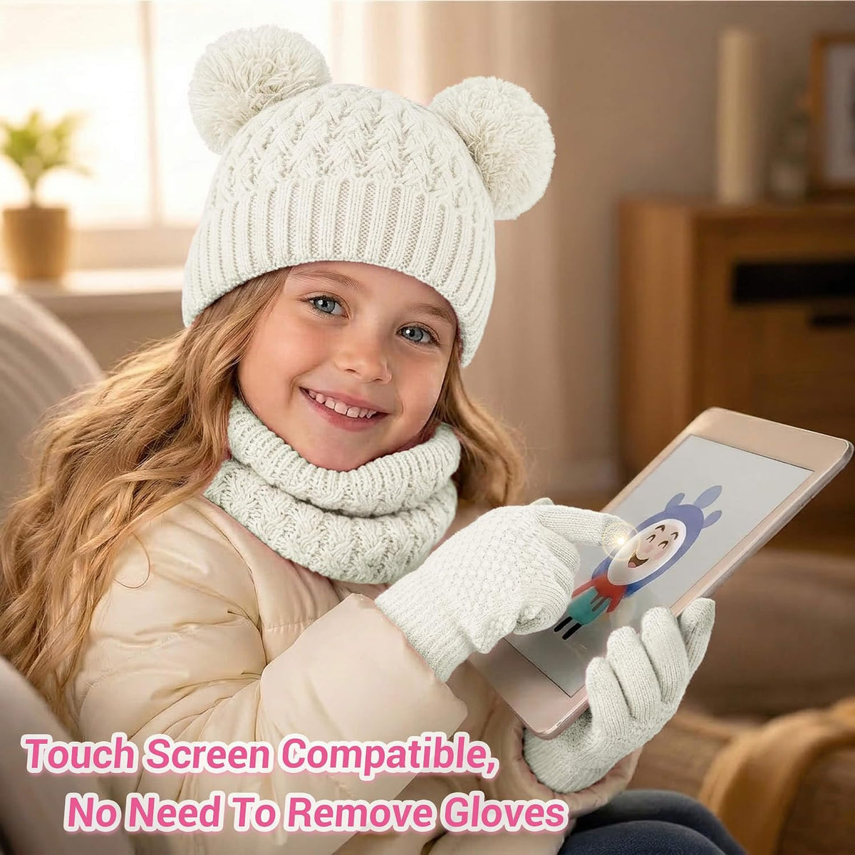 BQUBO Kids Winter Hat Gloves Scarf Set, Unisex Children Beanie Hat with Pom